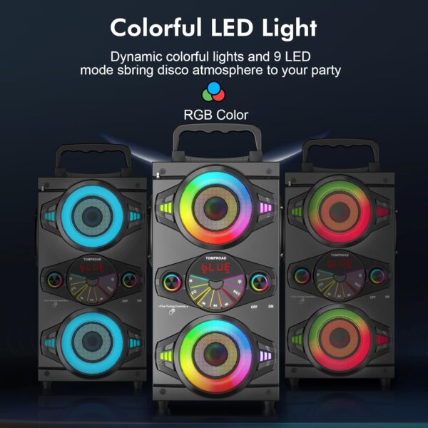 ED224213-9216-F20D-903E-CFE79F02D23A.jpg Speakers. 60W Portable Wireless Loud Outdoor Home Party Bluetooth Speaker with Subwoofer. FM Radio. LED Colorful Lights. Microphone. Remote and Big Powerful Stereo Deep Bass Sound Boombox