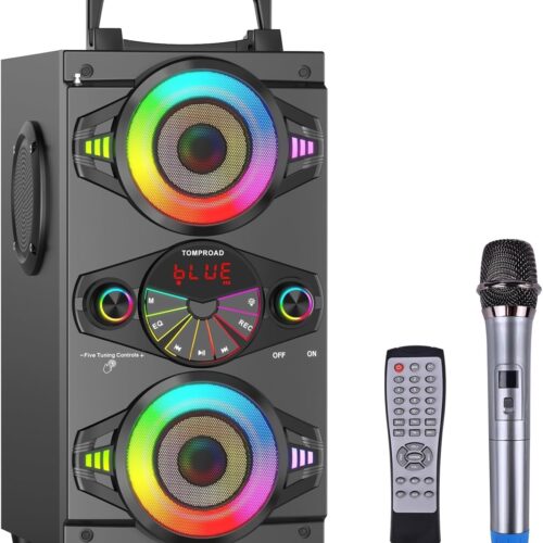 Speakers. 60W Portable Wireless Loud Outdoor Home Party Bluetooth Speaker with Subwoofer. FM Radio. LED Colorful Lights. Microphone. Remote and Big Powerful Stereo Deep Bass Sound Boombox