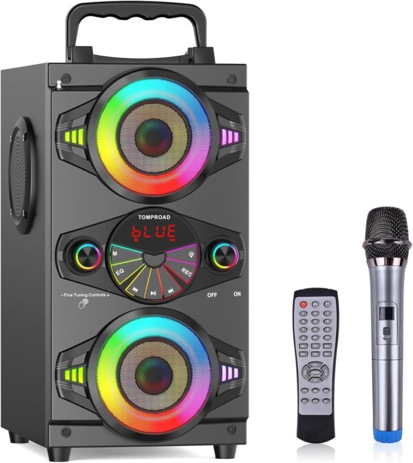 ED5D39E8-5FAF-1166-5BBE-2DB726683784.jpg Speakers. 60W Portable Wireless Loud Outdoor Home Party Bluetooth Speaker with Subwoofer. FM Radio. LED Colorful Lights. Microphone. Remote and Big Powerful Stereo Deep Bass Sound Boombox