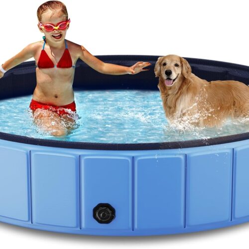 Foldable Dog Swimming Pool. 120"x20" Oversize Collapsable Hard Plastic Potable Bathing Tub for Pet Dog Kiddie Pool Indoor and Outdoor Leakproof PVC Play Pool for Large Dogs Pets Puppy Kids Blue