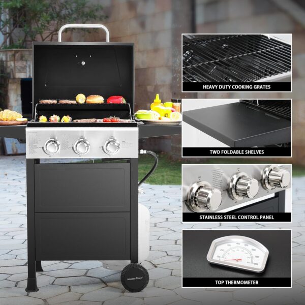MASTER COOK 3 Burner BBQ Propane Gas Grill. Stainless Steel 30.000 BTU Patio Garden Barbecue Grill with Two Foldable Shelves