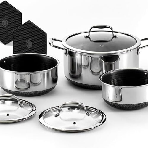 Hybrid Nonstick 6-Piece Pot Set with 2 Silicone Trivets, 2, 3, and 8-Quart Pots with Tempered Glass Lids, Stay-Cool Handles, Dishwasher-Friendly, Induction-Ready, Compatible with All Cooktops