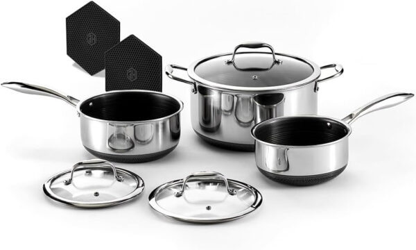a4822e35f121447592ccbb683e431d01 Hybrid Nonstick 6-Piece Pot Set with 2 Silicone Trivets, 2, 3, and 8-Quart Pots with Tempered Glass Lids, Stay-Cool Handles, Dishwasher-Friendly, Induction-Ready, Compatible with All Cooktops