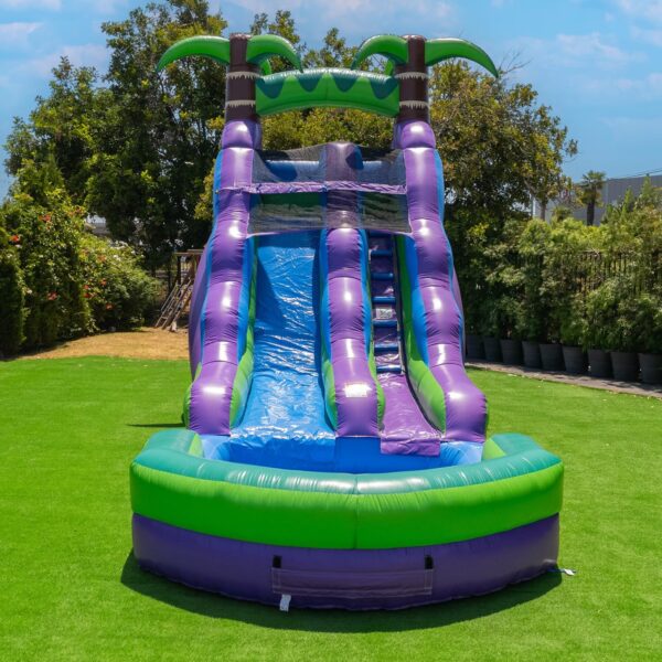 cf90d9ce74c5487f899f05a873659d05 16’ Purple Tropical Lightweight Premium Commercial Grade Water Slide Inflatable with Attached Pool for Kids and Adults (with Blower), Wet Dry Use, Summer Fun