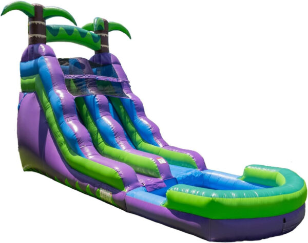 d3ea133a96f6474e9f554a559ff1cbfe 16’ Purple Tropical Lightweight Premium Commercial Grade Water Slide Inflatable with Attached Pool for Kids and Adults (with Blower), Wet Dry Use, Summer Fun