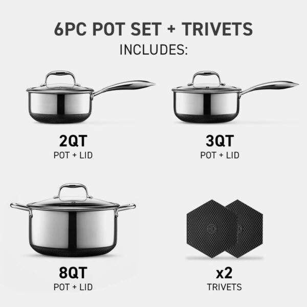 e9001ddb1ab24848bab6f0dc6279840a Hybrid Nonstick 6-Piece Pot Set with 2 Silicone Trivets, 2, 3, and 8-Quart Pots with Tempered Glass Lids, Stay-Cool Handles, Dishwasher-Friendly, Induction-Ready, Compatible with All Cooktops