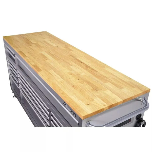 fde9089482674514adba03ae1e86e4c1 72 in 18-Drawer 24 in. D Mobile Workbench with Solid Wood Top Stainless Steel